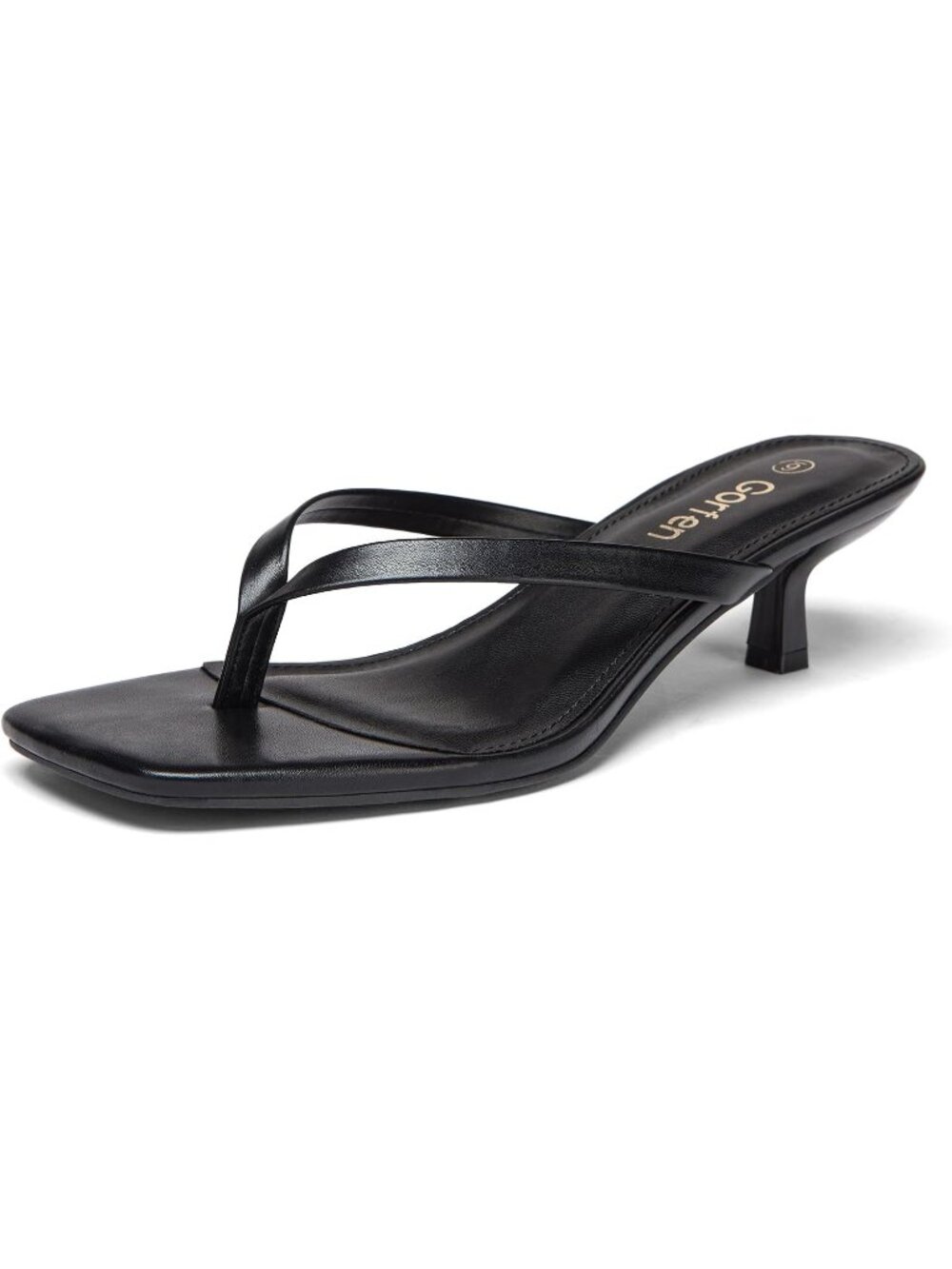 Women Black Solid Open Square-Toe Slip-On Thong Flip-Flop Kitten Heeled Sandal
